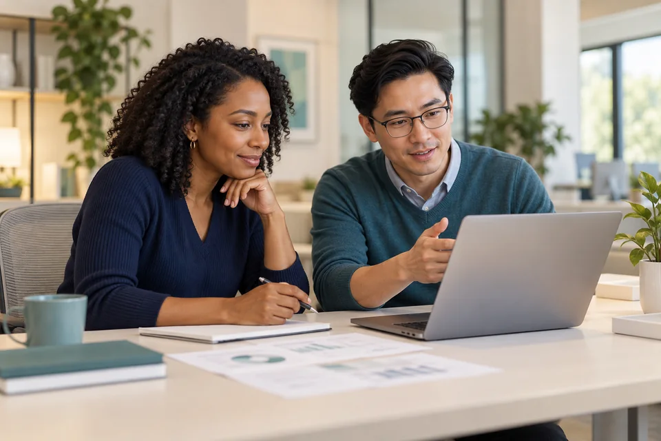Two colleagues reviewing documents together at a laptop.