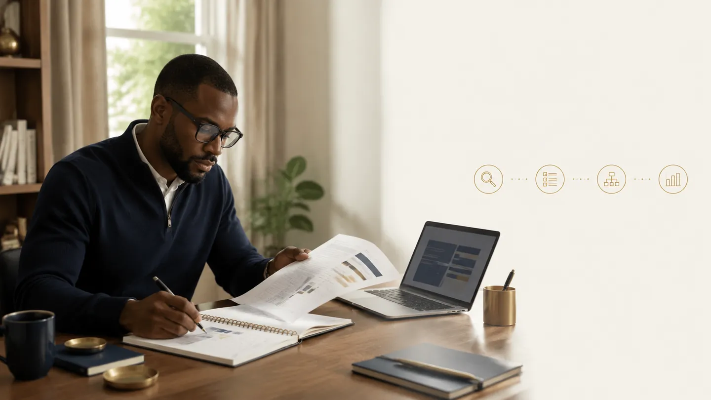 A clinical research professional at a desk planning next career steps, with a simple staged workflow laid out beside him